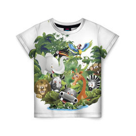 Детская футболка 3D с принтом Веселые джунгли в Тюмени, 100% гипоаллергенный полиэфир | прямой крой, круглый вырез горловины, длина до линии бедер, чуть спущенное плечо, ткань немного тянется | животные | зоо | новинки | пальма | парк | яркие