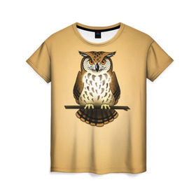 Женская футболка 3D с принтом Сова в Тюмени, 100% полиэфир ( синтетическое хлопкоподобное полотно) | прямой крой, круглый вырез горловины, длина до линии бедер | клюв | когти | пернатые | перья | природа | птица | сова