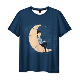 Мужская футболка 3D с принтом Ле круасан в Тюмени, 100% полиэфир | прямой крой, круглый вырез горловины, длина до линии бедер | кофе | круасан | месяц | ночь | париж | франция | француз