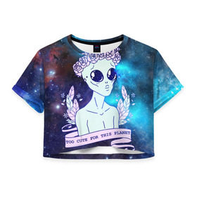 Женская футболка 3D укороченная с принтом cute alien в Тюмени, 100% полиэстер | круглая горловина, длина футболки до линии талии, рукава с отворотами | alien. нло | cosmos | cute | sky | tmblr | tumbler | инопланетянин | космос | мило