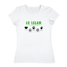 Женская футболка хлопок с принтом Go Vegan в Тюмени, 100% хлопок | прямой крой, круглый вырез горловины, длина до линии бедер, слегка спущенное плечо | 