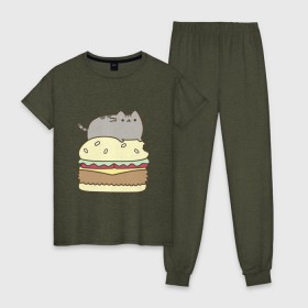 Женская пижама хлопок с принтом Котик с бургером в Тюмени, 100% хлопок | брюки и футболка прямого кроя, без карманов, на брюках мягкая резинка на поясе и по низу штанин | бургер | еда | животные | кот