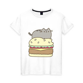 Женская футболка хлопок с принтом Котик с бургером в Тюмени, 100% хлопок | прямой крой, круглый вырез горловины, длина до линии бедер, слегка спущенное плечо | Тематика изображения на принте: бургер | еда | животные | кот