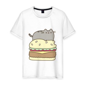 Мужская футболка хлопок с принтом Котик с бургером в Тюмени, 100% хлопок | прямой крой, круглый вырез горловины, длина до линии бедер, слегка спущенное плечо. | бургер | еда | животные | кот