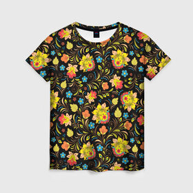 Женская футболка 3D с принтом Хохлома в Тюмени, 100% полиэфир ( синтетическое хлопкоподобное полотно) | прямой крой, круглый вырез горловины, длина до линии бедер | голубые | девушкам | желтые | красные | цветы