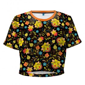 Женская футболка 3D укороченная с принтом Хохлома в Тюмени, 100% полиэстер | круглая горловина, длина футболки до линии талии, рукава с отворотами | голубые | девушкам | желтые | красные | цветы