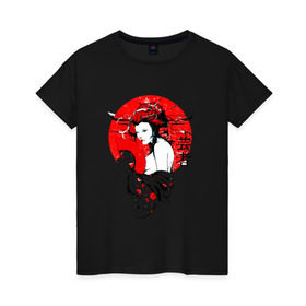 Женская футболка хлопок с принтом Гейша в Тюмени, 100% хлопок | прямой крой, круглый вырез горловины, длина до линии бедер, слегка спущенное плечо | 3d | народные | прикольные | сакура | цветы | этнические | япония