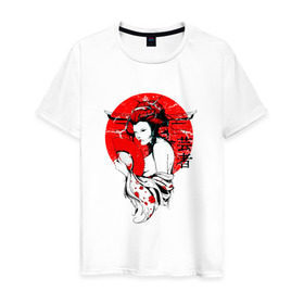 Мужская футболка хлопок с принтом Гейша в Тюмени, 100% хлопок | прямой крой, круглый вырез горловины, длина до линии бедер, слегка спущенное плечо. | Тематика изображения на принте: 3d | народные | прикольные | сакура | цветы | этнические | япония