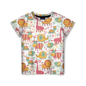 Детская футболка 3D с принтом Детские рисунки в Тюмени, 100% гипоаллергенный полиэфир | прямой крой, круглый вырез горловины, длина до линии бедер, чуть спущенное плечо, ткань немного тянется | дети | животные | жираф | лев | птица | рисунок | слон | фауна | черепаха