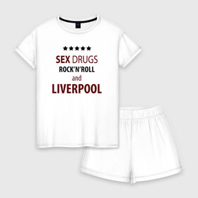 Женская пижама с шортиками хлопок с принтом Ливерпуль в Тюмени, 100% хлопок | футболка прямого кроя, шорты свободные с широкой мягкой резинкой | рок н ролл и ливерпуль