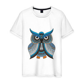Мужская футболка хлопок с принтом Сова этно в Тюмени, 100% хлопок | прямой крой, круглый вырез горловины, длина до линии бедер, слегка спущенное плечо. | африка | животные | птица | сова | трайбл | фауна | этно