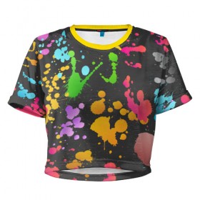 Женская футболка 3D укороченная с принтом Игра красок в Тюмени, 100% полиэстер | круглая горловина, длина футболки до линии талии, рукава с отворотами | кляксы | пятна | разноцветный | яркий