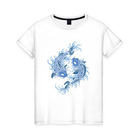 Женская футболка хлопок с принтом Японские карпы Кои в Тюмени, 100% хлопок | прямой крой, круглый вырез горловины, длина до линии бедер, слегка спущенное плечо | вода | зодиак | карп | кои | рыба | япония
