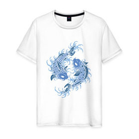 Мужская футболка хлопок с принтом Японские карпы Кои в Тюмени, 100% хлопок | прямой крой, круглый вырез горловины, длина до линии бедер, слегка спущенное плечо. | вода | зодиак | карп | кои | рыба | япония