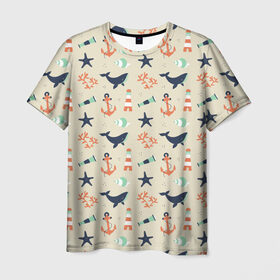 Мужская футболка 3D с принтом Морской узор в Тюмени, 100% полиэфир | прямой крой, круглый вырез горловины, длина до линии бедер | буй | вода | звезда | кит | коралл | маяк | мозаика | море | океан | песок | ракушка | узор | якорь