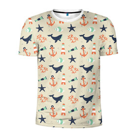 Мужская футболка 3D спортивная с принтом Морской узор в Тюмени, 100% полиэстер с улучшенными характеристиками | приталенный силуэт, круглая горловина, широкие плечи, сужается к линии бедра | буй | вода | звезда | кит | коралл | маяк | мозаика | море | океан | песок | ракушка | узор | якорь