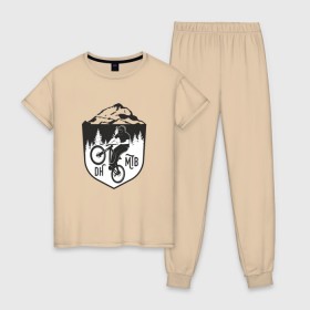 Женская пижама хлопок с принтом Downhill mountain bike в Тюмени, 100% хлопок | брюки и футболка прямого кроя, без карманов, на брюках мягкая резинка на поясе и по низу штанин | iceberg