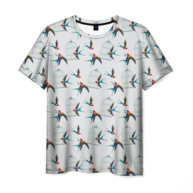 Мужская футболка 3D с принтом Ласточки в Тюмени, 100% полиэфир | прямой крой, круглый вырез горловины, длина до линии бедер | весна | клетка | ласточка | мозаика | письмо | птица | узор