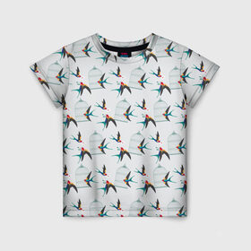 Детская футболка 3D с принтом Ласточки в Тюмени, 100% гипоаллергенный полиэфир | прямой крой, круглый вырез горловины, длина до линии бедер, чуть спущенное плечо, ткань немного тянется | весна | клетка | ласточка | мозаика | письмо | птица | узор