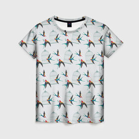 Женская футболка 3D с принтом Ласточки в Тюмени, 100% полиэфир ( синтетическое хлопкоподобное полотно) | прямой крой, круглый вырез горловины, длина до линии бедер | весна | клетка | ласточка | мозаика | письмо | птица | узор