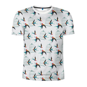 Мужская футболка 3D спортивная с принтом Ласточки в Тюмени, 100% полиэстер с улучшенными характеристиками | приталенный силуэт, круглая горловина, широкие плечи, сужается к линии бедра | весна | клетка | ласточка | мозаика | письмо | птица | узор