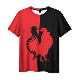 Мужская футболка 3D с принтом черное и красное в Тюмени, 100% полиэфир | прямой крой, круглый вырез горловины, длина до линии бедер | 2017 | new year | год | новогодний | новый | огненный | петух | петушок | с новым годом