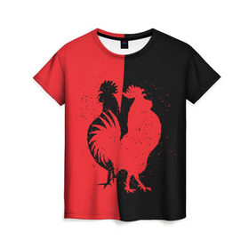 Женская футболка 3D с принтом черное и красное в Тюмени, 100% полиэфир ( синтетическое хлопкоподобное полотно) | прямой крой, круглый вырез горловины, длина до линии бедер | 2017 | new year | год | новогодний | новый | огненный | петух | петушок | с новым годом