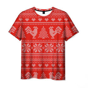 Мужская футболка 3D с принтом Вязанный свитер с петухами в Тюмени, 100% полиэфир | прямой крой, круглый вырез горловины, длина до линии бедер | 2017 | new year | год | новогодний | новый | огненный | петух | петушок | с новым годом