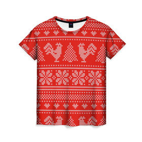 Женская футболка 3D с принтом Вязанный свитер с петухами в Тюмени, 100% полиэфир ( синтетическое хлопкоподобное полотно) | прямой крой, круглый вырез горловины, длина до линии бедер | 2017 | new year | год | новогодний | новый | огненный | петух | петушок | с новым годом