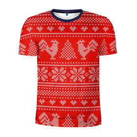 Мужская футболка 3D спортивная с принтом Вязанный свитер с петухами в Тюмени, 100% полиэстер с улучшенными характеристиками | приталенный силуэт, круглая горловина, широкие плечи, сужается к линии бедра | 2017 | new year | год | новогодний | новый | огненный | петух | петушок | с новым годом