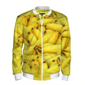 Мужской бомбер 3D с принтом Бананчики в Тюмени, 100% полиэстер | застегивается на молнию, по бокам два кармана без застежек, по низу бомбера и на воротнике - эластичная резинка | Тематика изображения на принте: бананчики | бананы