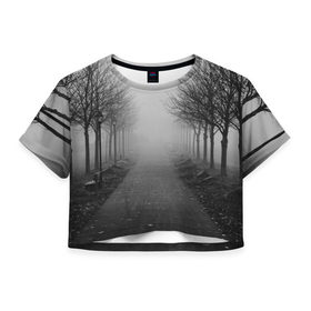 Женская футболка 3D укороченная с принтом Тропинка в Тюмени, 100% полиэстер | круглая горловина, длина футболки до линии талии, рукава с отворотами | деревья | дорожка | природа | тропинка | туман