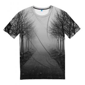 Мужская футболка 3D с принтом Тропинка в Тюмени, 100% полиэфир | прямой крой, круглый вырез горловины, длина до линии бедер | Тематика изображения на принте: деревья | дорожка | природа | тропинка | туман