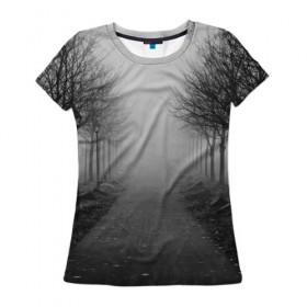 Женская футболка 3D с принтом Тропинка в Тюмени, 100% полиэфир ( синтетическое хлопкоподобное полотно) | прямой крой, круглый вырез горловины, длина до линии бедер | деревья | дорожка | природа | тропинка | туман