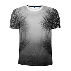Мужская футболка 3D спортивная с принтом Тропинка в Тюмени, 100% полиэстер с улучшенными характеристиками | приталенный силуэт, круглая горловина, широкие плечи, сужается к линии бедра | Тематика изображения на принте: деревья | дорожка | природа | тропинка | туман