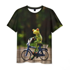 Мужская футболка 3D с принтом Лягушка в Тюмени, 100% полиэфир | прямой крой, круглый вырез горловины, длина до линии бедер | Тематика изображения на принте: велосипед | жаба | животные | лягушка | мини | фигурка