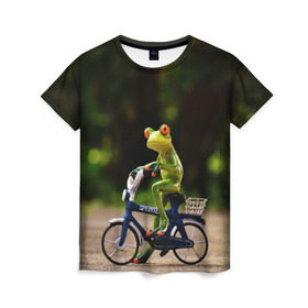 Женская футболка 3D с принтом Лягушка в Тюмени, 100% полиэфир ( синтетическое хлопкоподобное полотно) | прямой крой, круглый вырез горловины, длина до линии бедер | велосипед | жаба | животные | лягушка | мини | фигурка