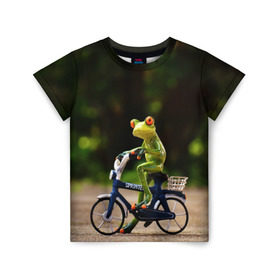 Детская футболка 3D с принтом Лягушка в Тюмени, 100% гипоаллергенный полиэфир | прямой крой, круглый вырез горловины, длина до линии бедер, чуть спущенное плечо, ткань немного тянется | велосипед | жаба | животные | лягушка | мини | фигурка