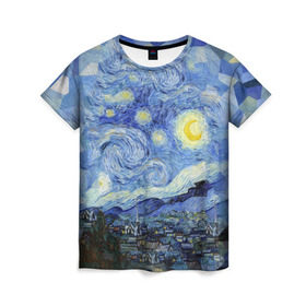 Женская футболка 3D с принтом Звездная ночь в Тюмени, 100% полиэфир ( синтетическое хлопкоподобное полотно) | прямой крой, круглый вырез горловины, длина до линии бедер | starry night | ван гог | город | звезды | импрессионизм | луна | ночь | художник