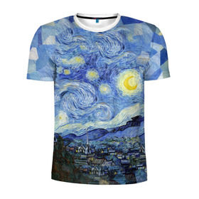 Мужская футболка 3D спортивная с принтом Звездная ночь в Тюмени, 100% полиэстер с улучшенными характеристиками | приталенный силуэт, круглая горловина, широкие плечи, сужается к линии бедра | starry night | ван гог | город | звезды | импрессионизм | луна | ночь | художник