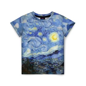 Детская футболка 3D с принтом Звездная ночь в Тюмени, 100% гипоаллергенный полиэфир | прямой крой, круглый вырез горловины, длина до линии бедер, чуть спущенное плечо, ткань немного тянется | starry night | ван гог | город | звезды | импрессионизм | луна | ночь | художник