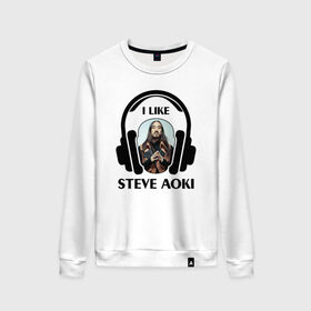 Женский свитшот хлопок с принтом I like Steve Aoki в Тюмени, 100% хлопок | прямой крой, круглый вырез, на манжетах и по низу широкая трикотажная резинка  | beatport | club | dim mak | dj | edm | electro | house | i like | music | production | radio | steve aoki | techno | top | trance | дискотека | звезда | клуб | любимчик | мне нравится | музыка | музыкант | наушники | продюссер | радио | фестиваль