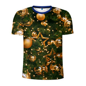 Мужская футболка 3D спортивная с принтом Праздничные шары в Тюмени, 100% полиэстер с улучшенными характеристиками | приталенный силуэт, круглая горловина, широкие плечи, сужается к линии бедра | елка | елочные | звезды | золото | игрушки | хвоя | шары