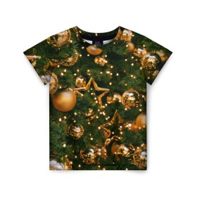 Детская футболка 3D с принтом Праздничные шары в Тюмени, 100% гипоаллергенный полиэфир | прямой крой, круглый вырез горловины, длина до линии бедер, чуть спущенное плечо, ткань немного тянется | Тематика изображения на принте: елка | елочные | звезды | золото | игрушки | хвоя | шары