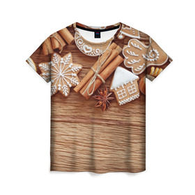 Женская футболка 3D с принтом Коричные пряники в Тюмени, 100% полиэфир ( синтетическое хлопкоподобное полотно) | прямой крой, круглый вырез горловины, длина до линии бедер | 2017 | happy | new | year | год | корица | новый | печенье | печеньки | пряники | сладости
