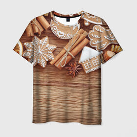 Мужская футболка 3D с принтом Коричные пряники в Тюмени, 100% полиэфир | прямой крой, круглый вырез горловины, длина до линии бедер | 2017 | happy | new | year | год | корица | новый | печенье | печеньки | пряники | сладости