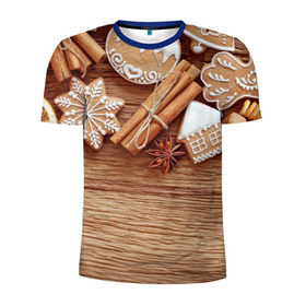 Мужская футболка 3D спортивная с принтом Коричные пряники в Тюмени, 100% полиэстер с улучшенными характеристиками | приталенный силуэт, круглая горловина, широкие плечи, сужается к линии бедра | 2017 | happy | new | year | год | корица | новый | печенье | печеньки | пряники | сладости