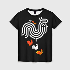 Женская футболка 3D с принтом Петух. Символ 2017 года 9 в Тюмени, 100% полиэфир ( синтетическое хлопкоподобное полотно) | прямой крой, круглый вырез горловины, длина до линии бедер | 2017 | new year | год | новогодний | новый | огненный | петух | петушок