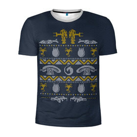 Мужская футболка 3D спортивная с принтом Новогодний свитер Чужой в Тюмени, 100% полиэстер с улучшенными характеристиками | приталенный силуэт, круглая горловина, широкие плечи, сужается к линии бедра | alien | new year | новогодний