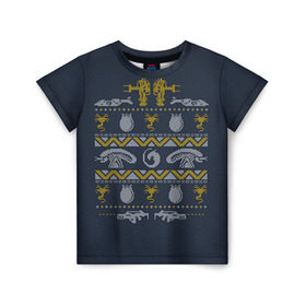 Детская футболка 3D с принтом Новогодний свитер Чужой в Тюмени, 100% гипоаллергенный полиэфир | прямой крой, круглый вырез горловины, длина до линии бедер, чуть спущенное плечо, ткань немного тянется | Тематика изображения на принте: alien | new year | новогодний